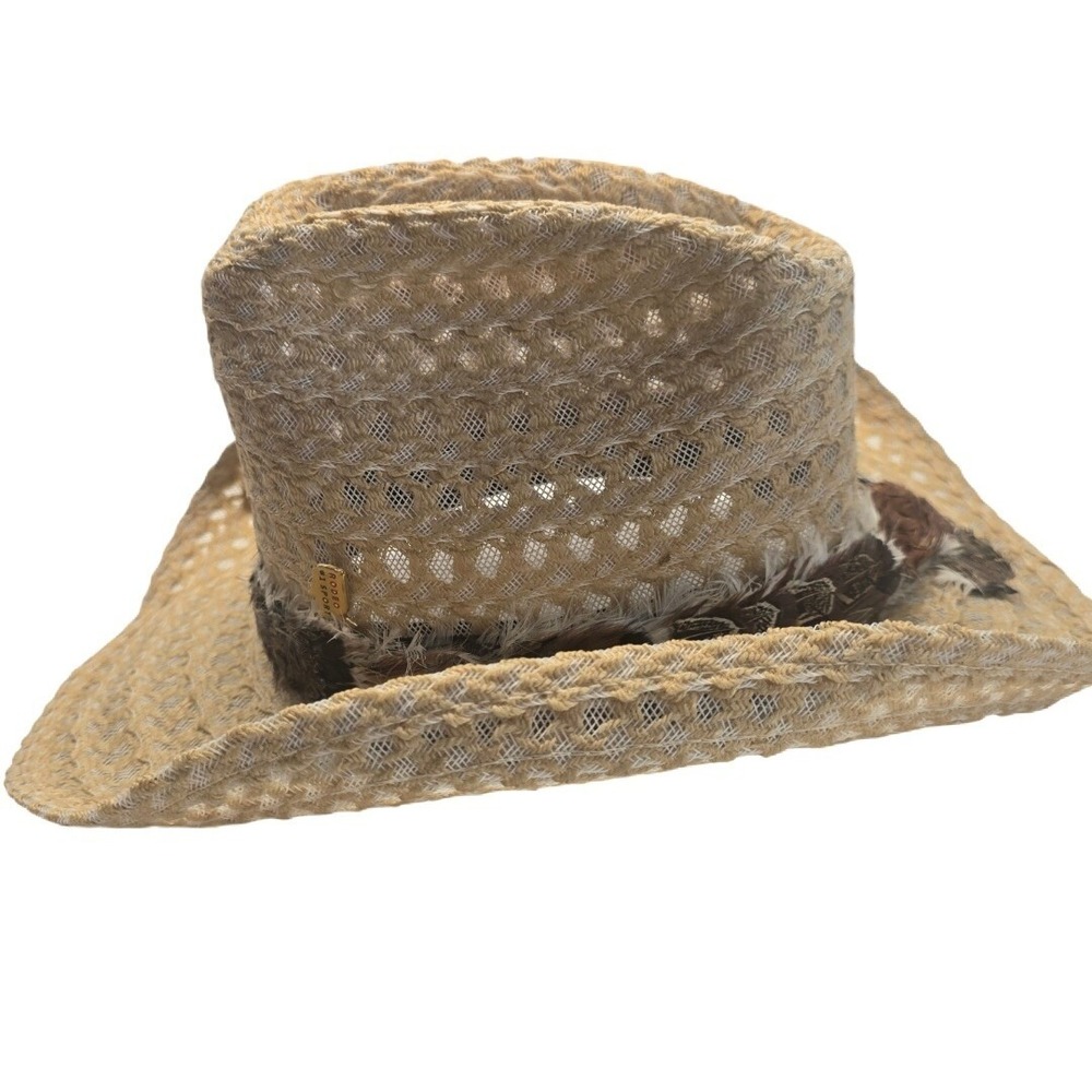 Marcfield Maverick Straw Cowboy Hat Men's 7 Tan Feather Band Open Weave Western